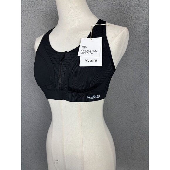 Yvette Women's Black Sports Bra With Front Zip Racerback Design Small NWT's - Picture 3 of 7